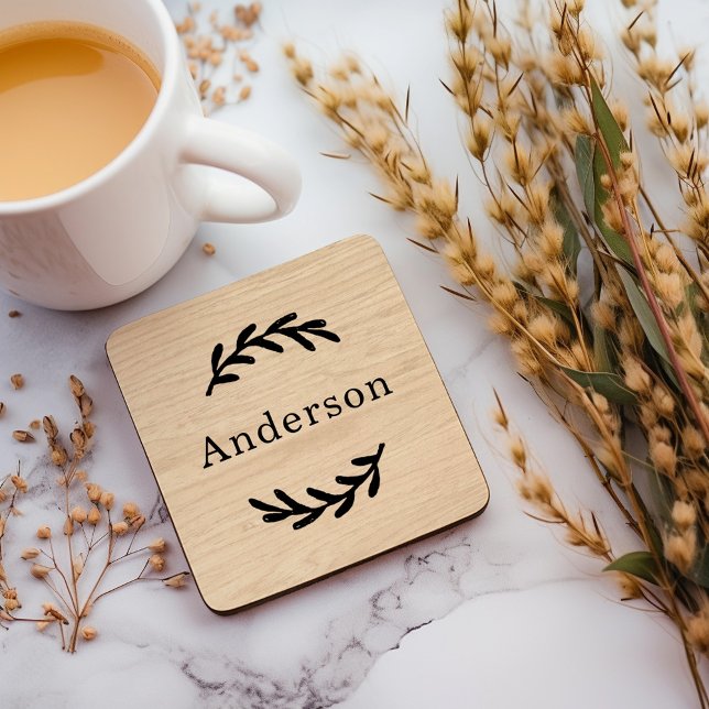 Rustic Natural Wood Laurel Monogram Name Beverage Coaster (Creator Uploaded)