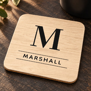 Rustic Natural Wood Serif Monogram Name Beverage Coaster