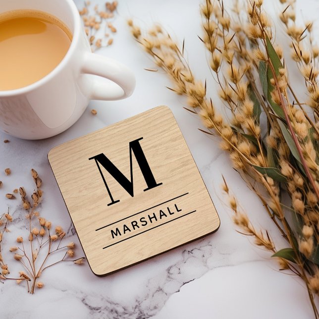 Rustic Natural Wood Serif Monogram Name Beverage Coaster (Creator Uploaded)