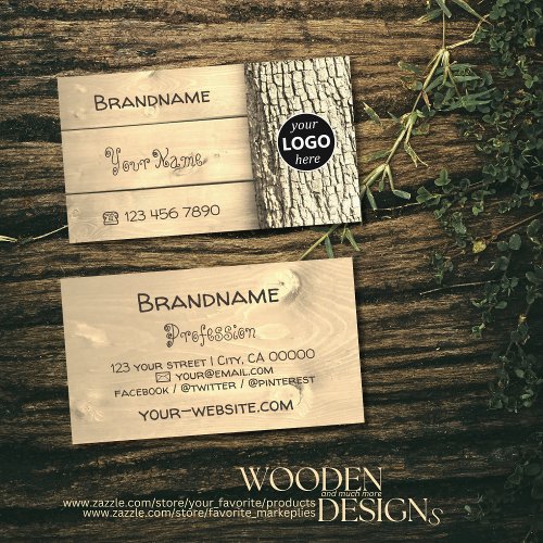 Rustic Natural Wooden Boards Tree Bark Grain Logo Business Card
