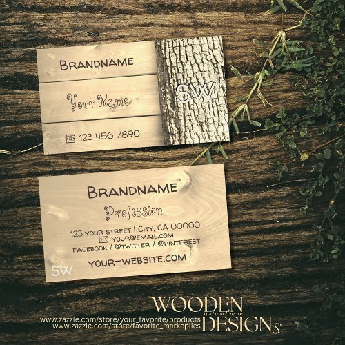 Rustic Natural Wooden Boards Tree Bark Monogram Business Card