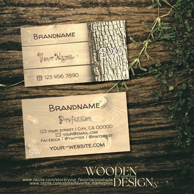 Rustic Natural Wooden Boards Tree Bark Monogram Business Card (Creator Uploaded)