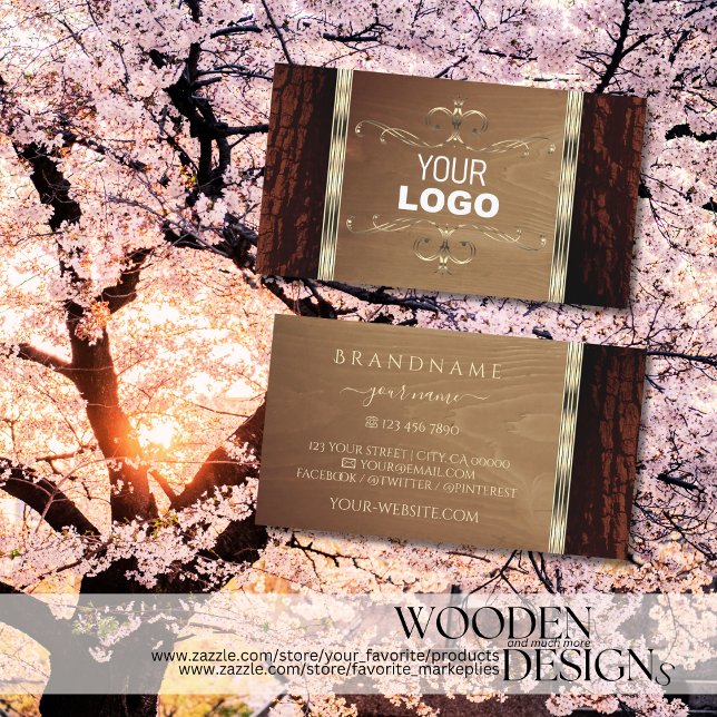 Rustic Nature Tree Bark Grain Gold Border Logo Business Card (Creator Uploaded)