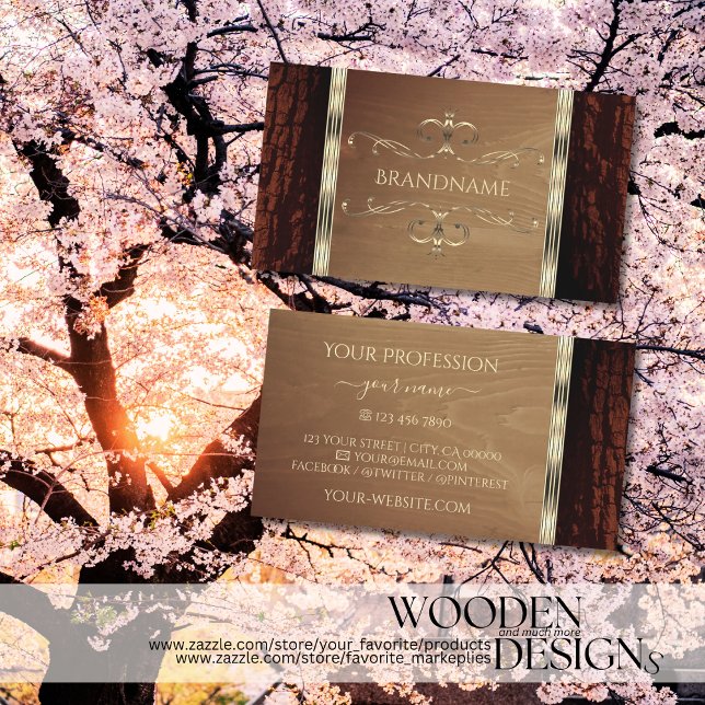 Rustic Nature Tree Bark Wood Grain Gold Border Business Card (Creator Uploaded)