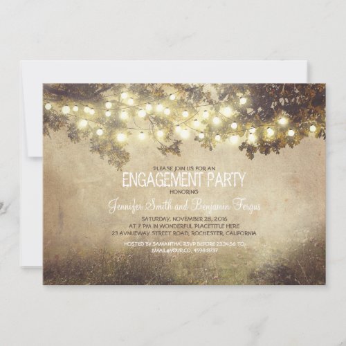 rustic nature tree branch lights engagement party invitation