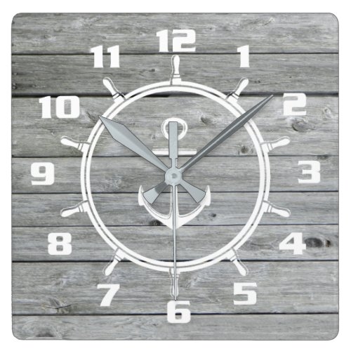 Rustic Nautical Anchor and Ship wheel On Old Wood Square Wall Clock