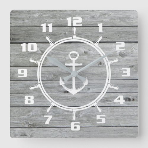 Rustic Nautical Anchor and Ship wheel On Old Wood Square Wall Clock