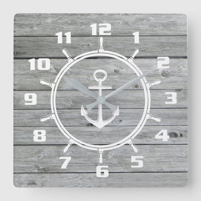 Rustic Nautical Anchor and Ship wheel On Old Wood Square Wall Clock (Front)