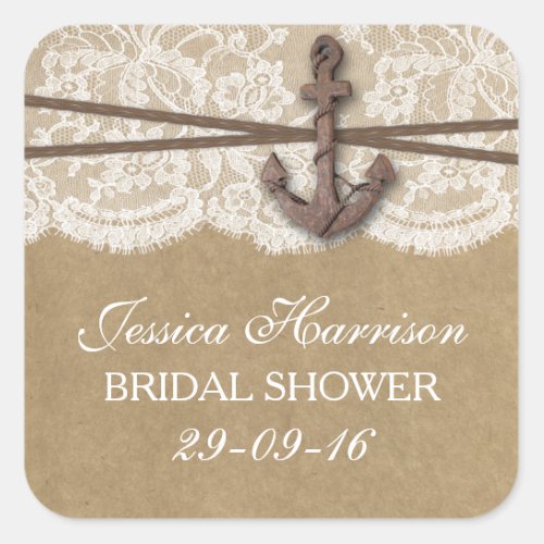 Rustic Nautical Anchor Beach Bridal Shower Square Sticker