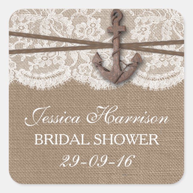 Rustic Nautical Anchor Beach Bridal Shower Square Sticker (Front)