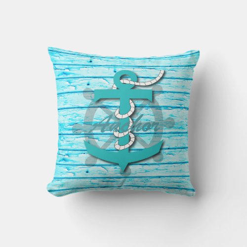 Rustic Nautical Anchor On Weathered Teal Wood Throw Pillow