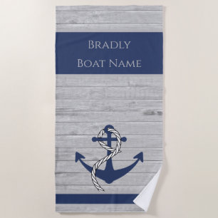 Rustic Nautical Anchor Personalized Navy Blue Beach Towel