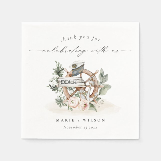 Rustic Nautical Anchor Wheel Leafy Floral Wedding Napkins (Front)