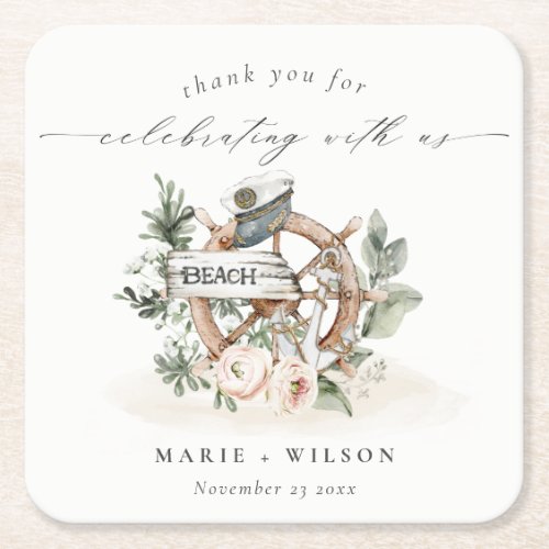 Rustic Nautical Anchor Wheel Leafy Floral Wedding Square Paper Coaster