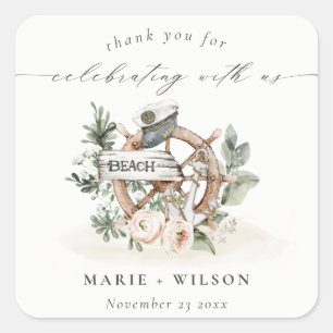Rustic Nautical Anchor Wheel Leafy Floral Wedding Square Sticker