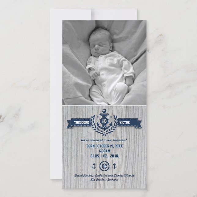 Rustic Nautical Baby Birth Announcement (Front)