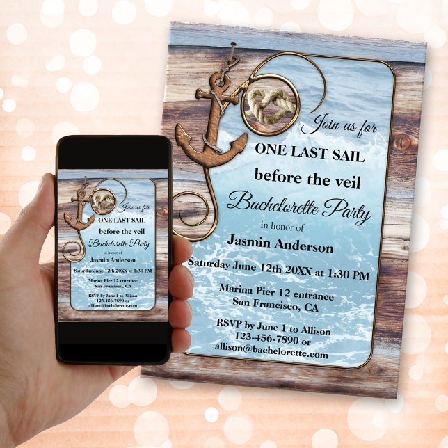 Rustic Nautical Bachelorette Sailing Invitation (Nautical themed bachelorette invitation showing an image of an ocean framed by rustic weathered wood)
