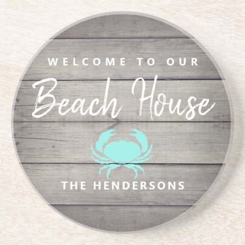 Rustic Nautical Beach House Crab Personalized Coaster