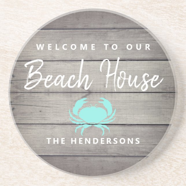 Rustic Nautical Beach House Crab Personalized Coaster (Front)