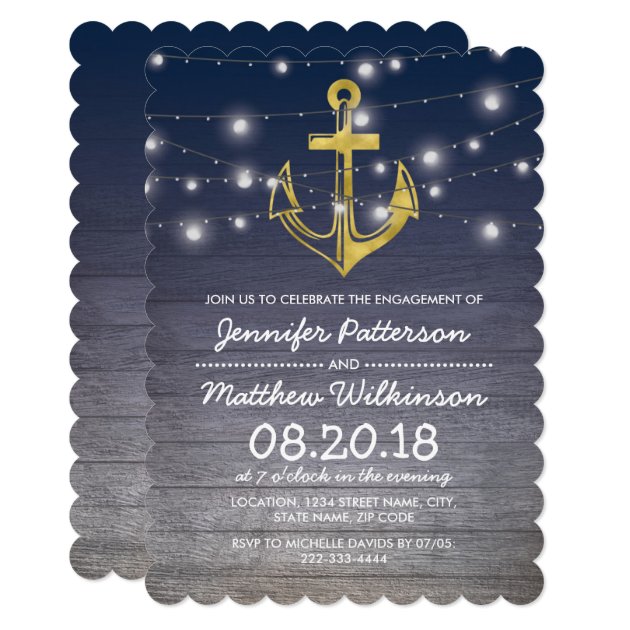Rustic Nautical Blue Gold Engagement Party Invitation