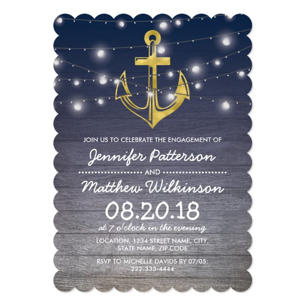 Rustic Nautical Blue Gold Engagement Party Invitation