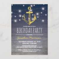 Rustic Nautical Blue Gold Mens Birthday Party Invitation