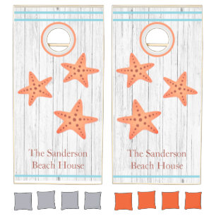 Rustic Nautical Blue Stripes Coral Starfish Wood Cornhole Set