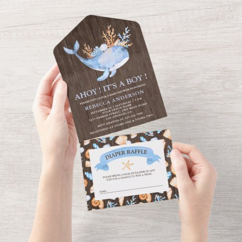 Rustic Nautical Blue Whale Wood Baby Shower All In One Invitation