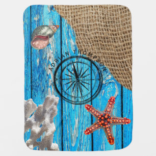 Rustic Nautical Blue Wood Burlap Starfish Baby Blanket