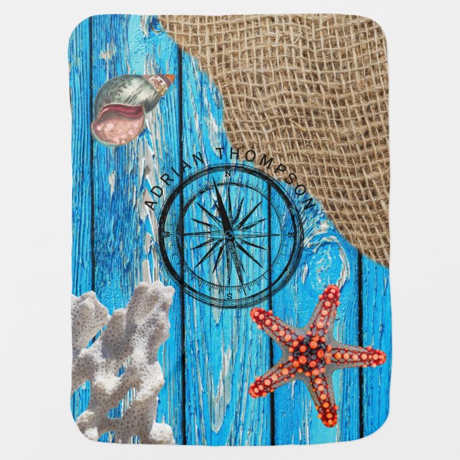 Rustic Nautical Blue Wood Burlap Starfish Baby Blanket (Front)