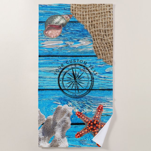 Rustic Nautical Blue Wood Burlap Starfish  Beach Towel (Front)