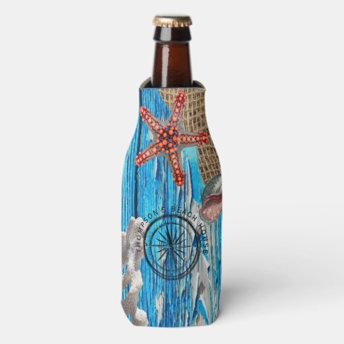 Rustic Nautical Blue Wood Burlap Starfish Bottle Cooler