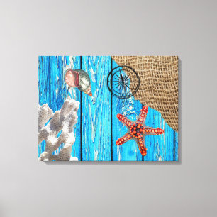 Rustic Nautical Blue Wood Burlap Starfish Canvas Print