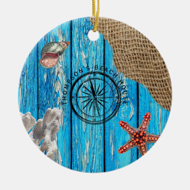 Rustic Nautical Blue Wood Burlap Starfish Ceramic Ornament (Front)
