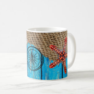 Rustic Nautical Blue Wood Burlap Starfish Coffee Mug