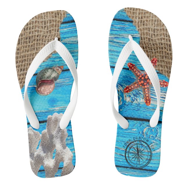 Rustic Nautical Blue Wood Burlap Starfish Flip Flops (Footbed)