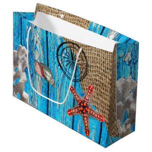 Rustic Nautical Blue Wood Burlap Starfish Large Gift Bag
