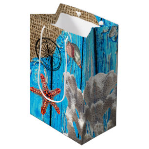 Rustic Nautical Blue Wood Burlap Starfish Medium Gift Bag
