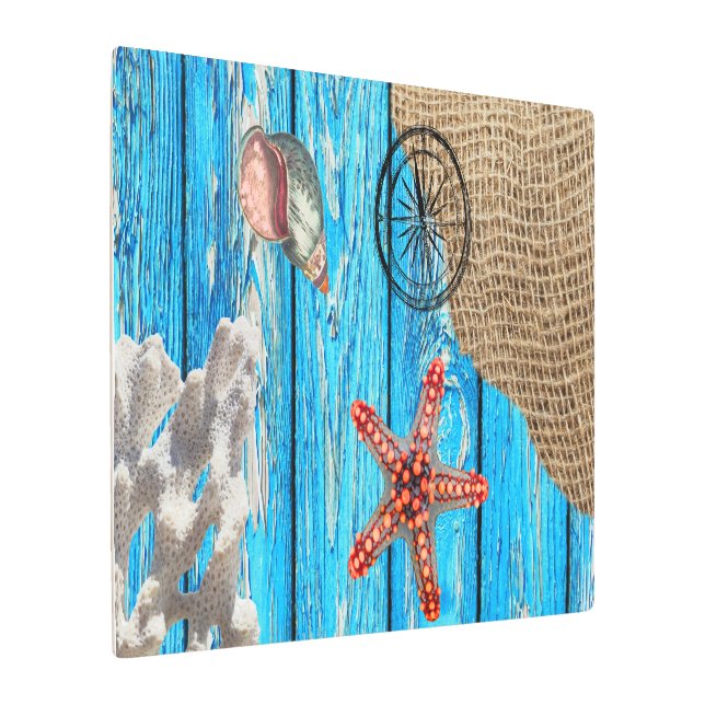 Rustic Nautical Blue Wood Burlap Starfish Metal Print (Angled)
