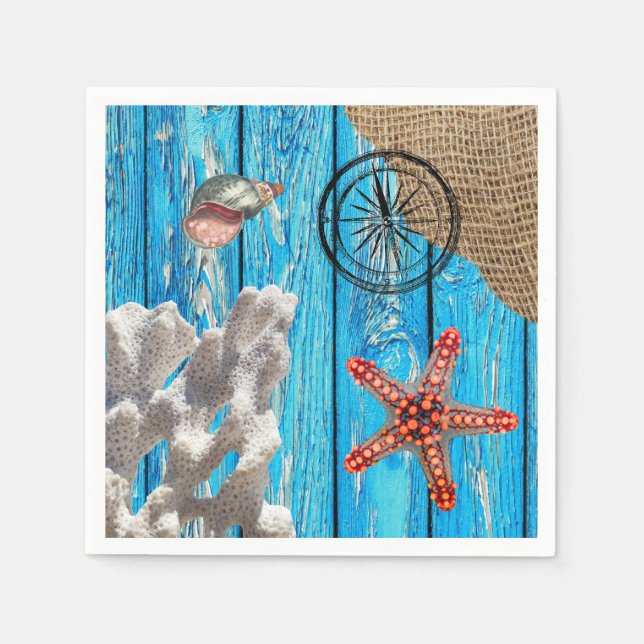 Rustic Nautical Blue Wood Burlap Starfish  Napkins (Front)
