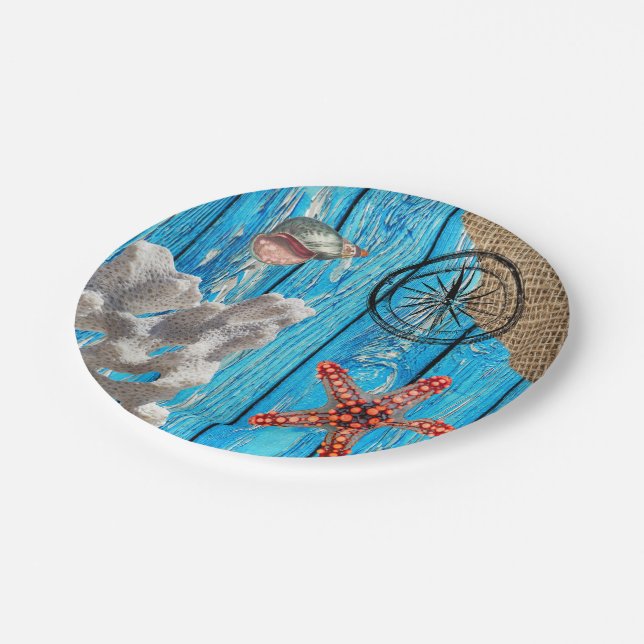 Rustic Nautical Blue Wood Burlap Starfish Paper Plates (Angled)