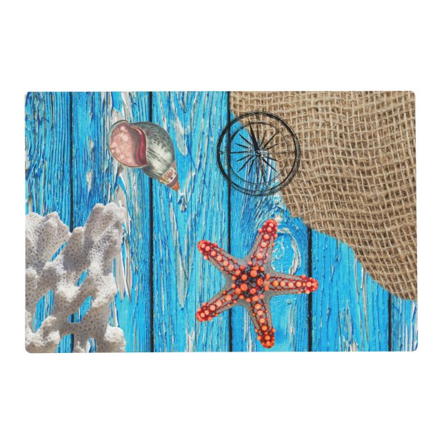 Rustic Nautical Blue Wood Burlap Starfish  Placemat (Front)