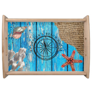 Rustic Nautical Blue Wood Burlap Starfish  Serving Tray