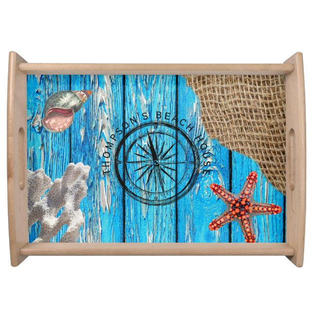 Rustic Nautical Blue Wood Burlap Starfish  Serving Tray (Front)