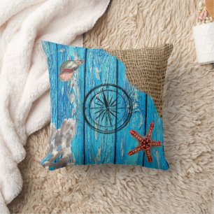 Rustic Nautical Blue Wood Burlap Starfish  Throw Pillow