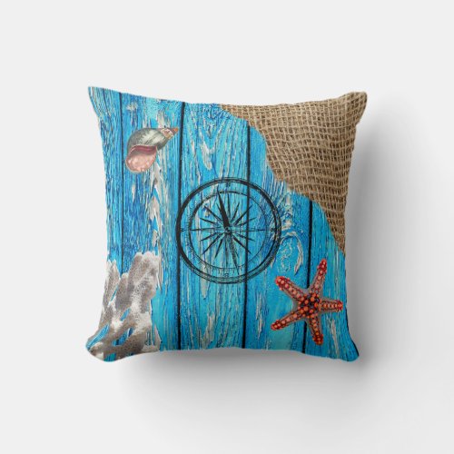 Rustic Nautical Blue Wood Burlap Starfish  Throw Pillow