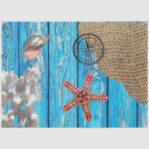Rustic Nautical Blue Wood Burlap Starfish Tissue Paper