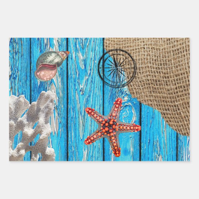 Rustic Nautical Blue Wood Burlap Starfish Wrapping Paper Sheets (Front)
