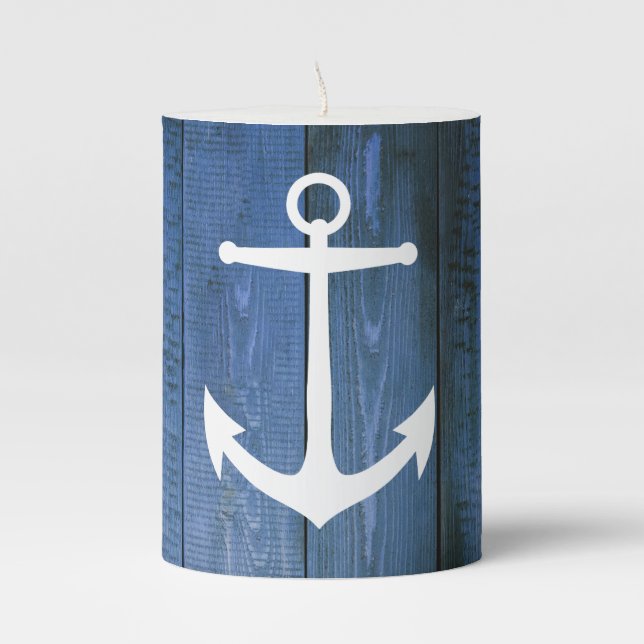 Rustic Nautical Blue Wood Planks & White Anchor Pillar Candle (Front)