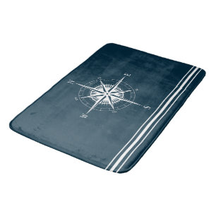 Rustic Nautical Compass with Stripes Bath Mat